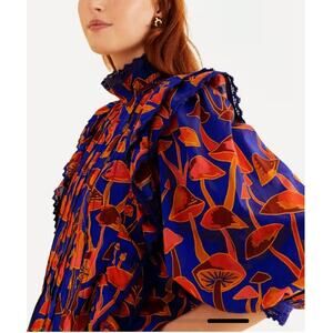 FARM Rio Bright Blue Mushroom Sketch Blouse Size L NWOT